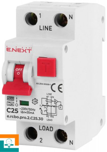 ДИФФЕРЕНЦИАЛЬНЫЙ АВТОМАТ 1+N 25/0,03А E.Next 6kA A p0720010 e.rcbo.pro.2.C25.30