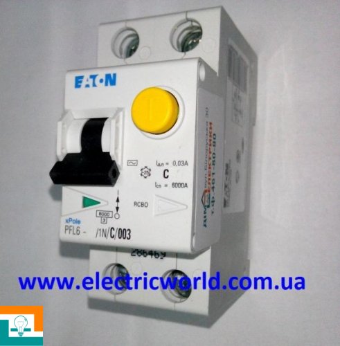ДИФЕРЕНЦІЙНИЙ Автоматичний ВИМИКАЧ 1 + N-п EATON 6kA PFL6 C 20 / 0,03А 286468